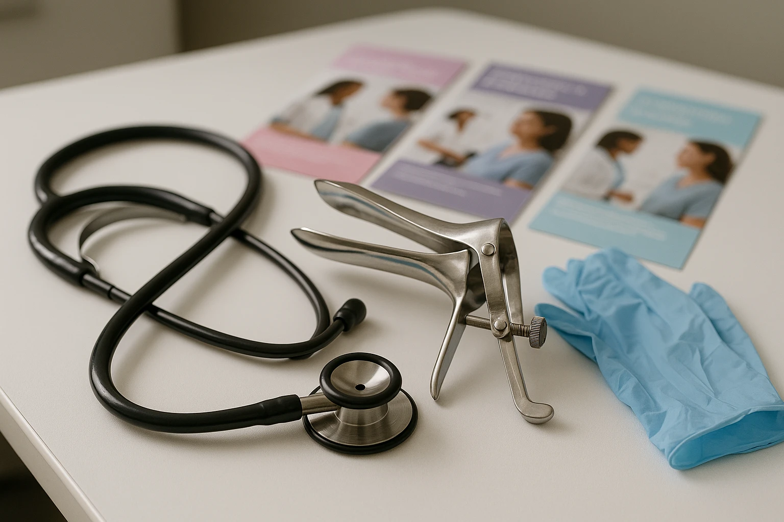 A close-up of medical instruments on a table in a doctor's office, including a stethoscope, a speculum, and examination gloves, surrounded by health pamphlets about women’s exams, capturing the importance of medical tools in preventative care.