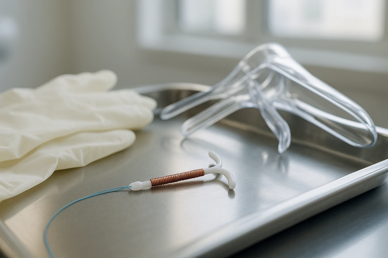 A close-up image of a modern IUD device delicately placed next to a pair of sanitized medical gloves and a speculum, set on a stainless-steel instrument tray in a well-lit examination room.
