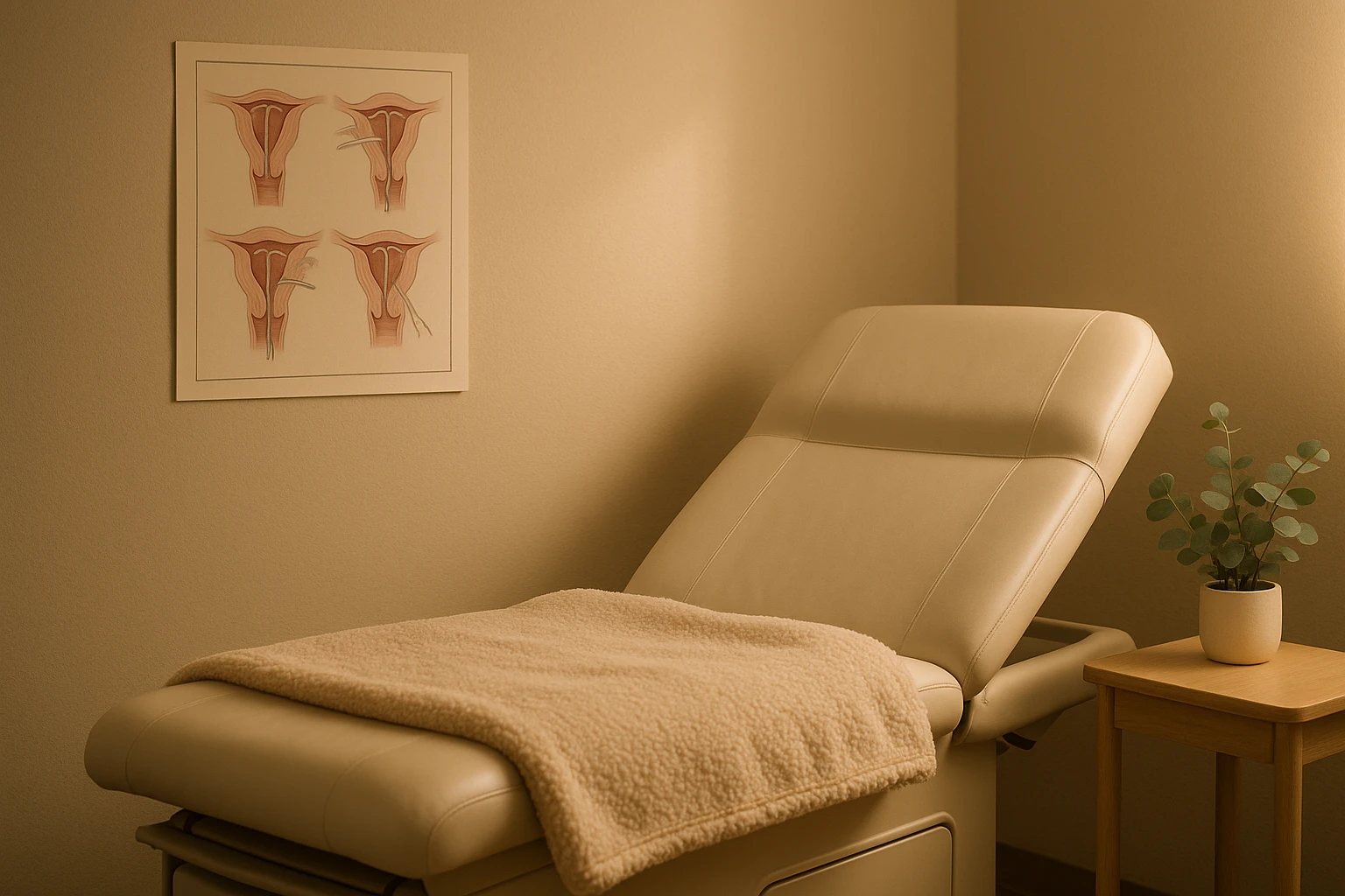A cozy, warmly lit clinic room with a soft, neutral color palette, featuring an educational poster on the wall detailing the IUD insertion process, a comfortable examination table with a plush blanket, and a small pot of calming eucalyptus placed on a side table.