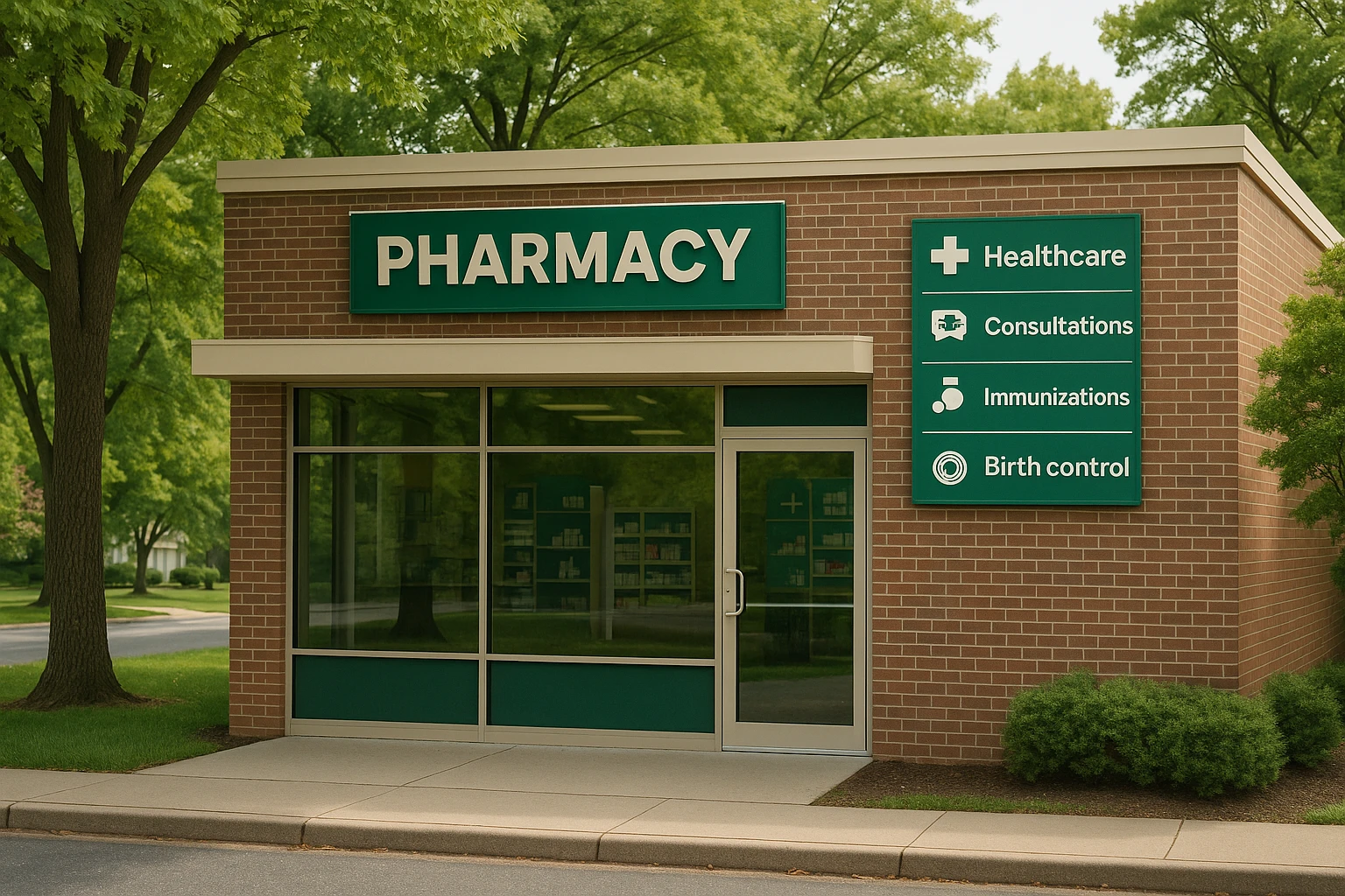 A pharmacy storefront in Glen Burnie with a sign highlighting available healthcare services, including birth control consultations, surrounded by leafy suburban scenery.