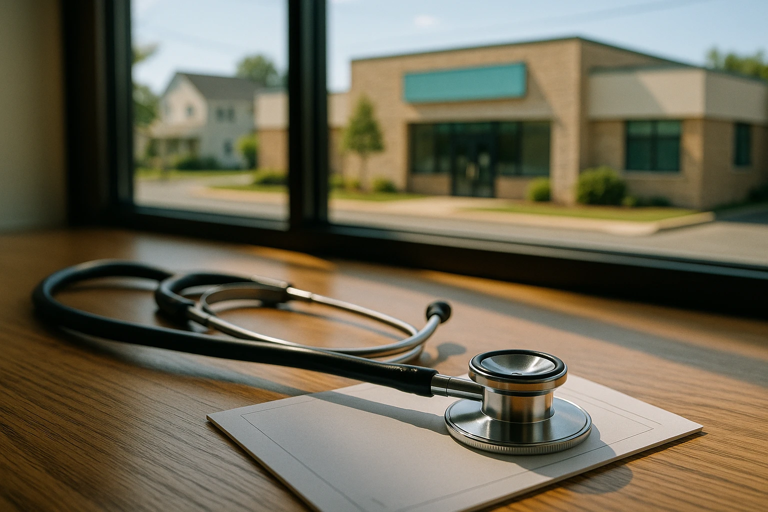 A close-up of a doctor's stethoscope and prescription pad on a wooden table, with a sunlit window view showing a suburban street in Glen Burnie, highlighting a healthcare clinic exterior in the background.