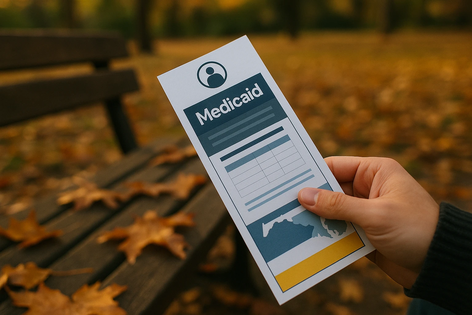 A close-up of a Maryland Medicaid brochure being held by someone in a park, highlighting income limits and application details, with autumn leaves scattered on a wooden bench nearby.