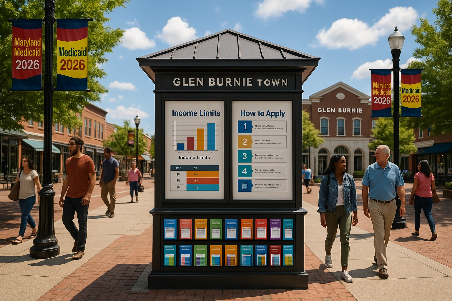 A scenic view of Glen Burnie town square with banners advertising Maryland Medicaid 2026, featuring a large informational kiosk displaying colorful pamphlets about income limits and how to apply, surrounded by people walking and a sunny sky overhead.