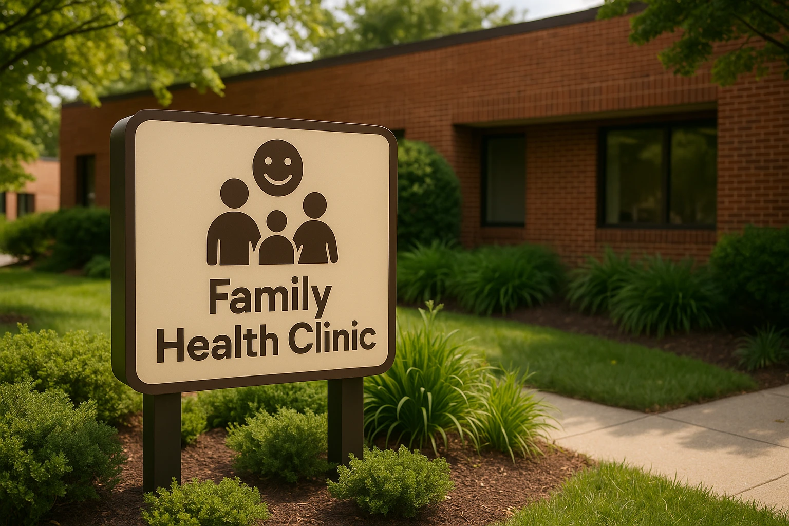 A friendly sign outside a brick building with 