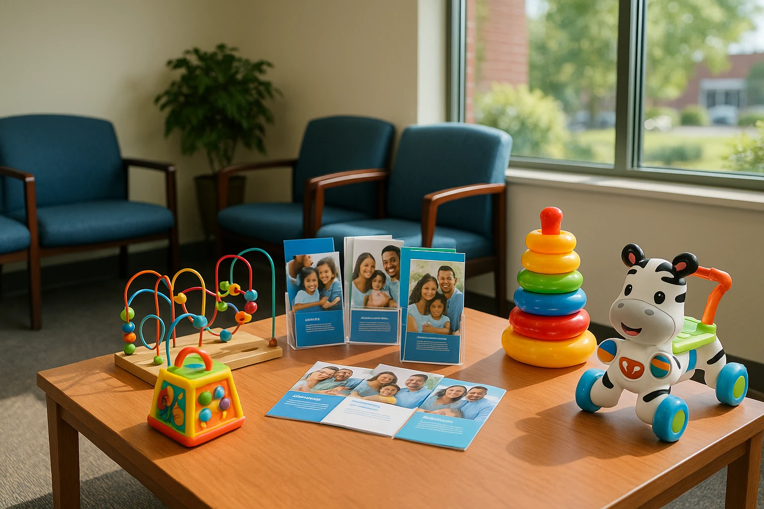 A cheerful waiting room with colorful children's toys and informational pamphlets about Medicaid on a wooden table, with a large window providing natural light, creating an inviting space for families seeking primary care in Glen Burnie, MD.