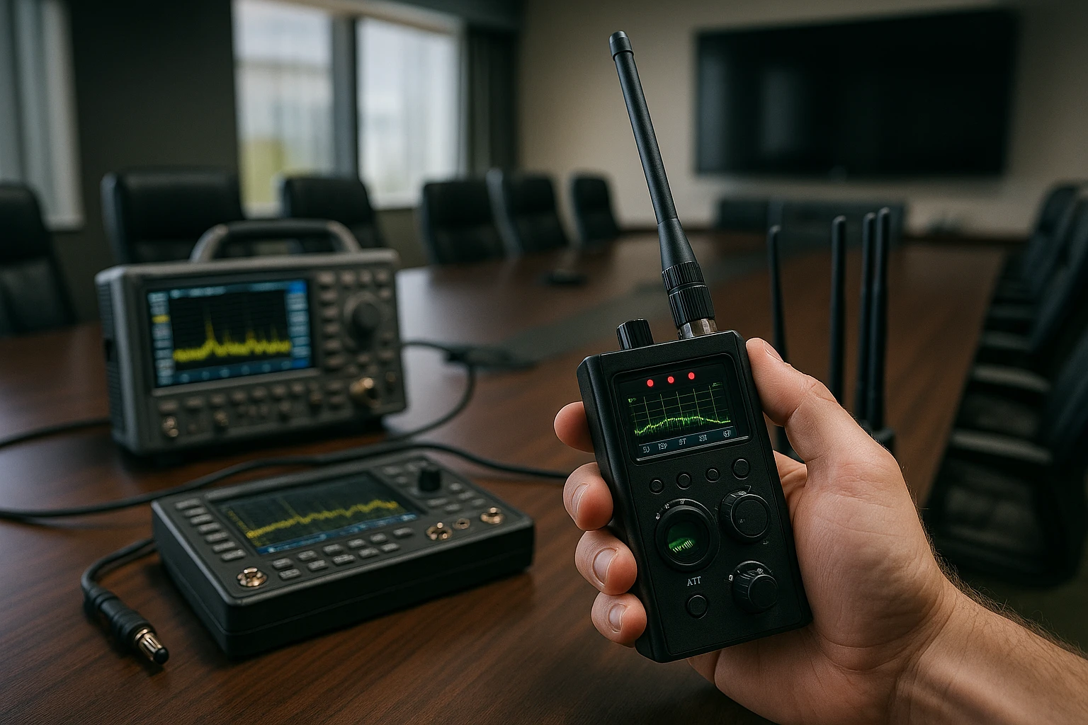 A handheld bug detector scanning a conference room filled with high-tech equipment in Orlando; tools like a frequency analyzer and a signal jammer are laid out on a table, highlighting the technical gear used in TSCM sweeps.