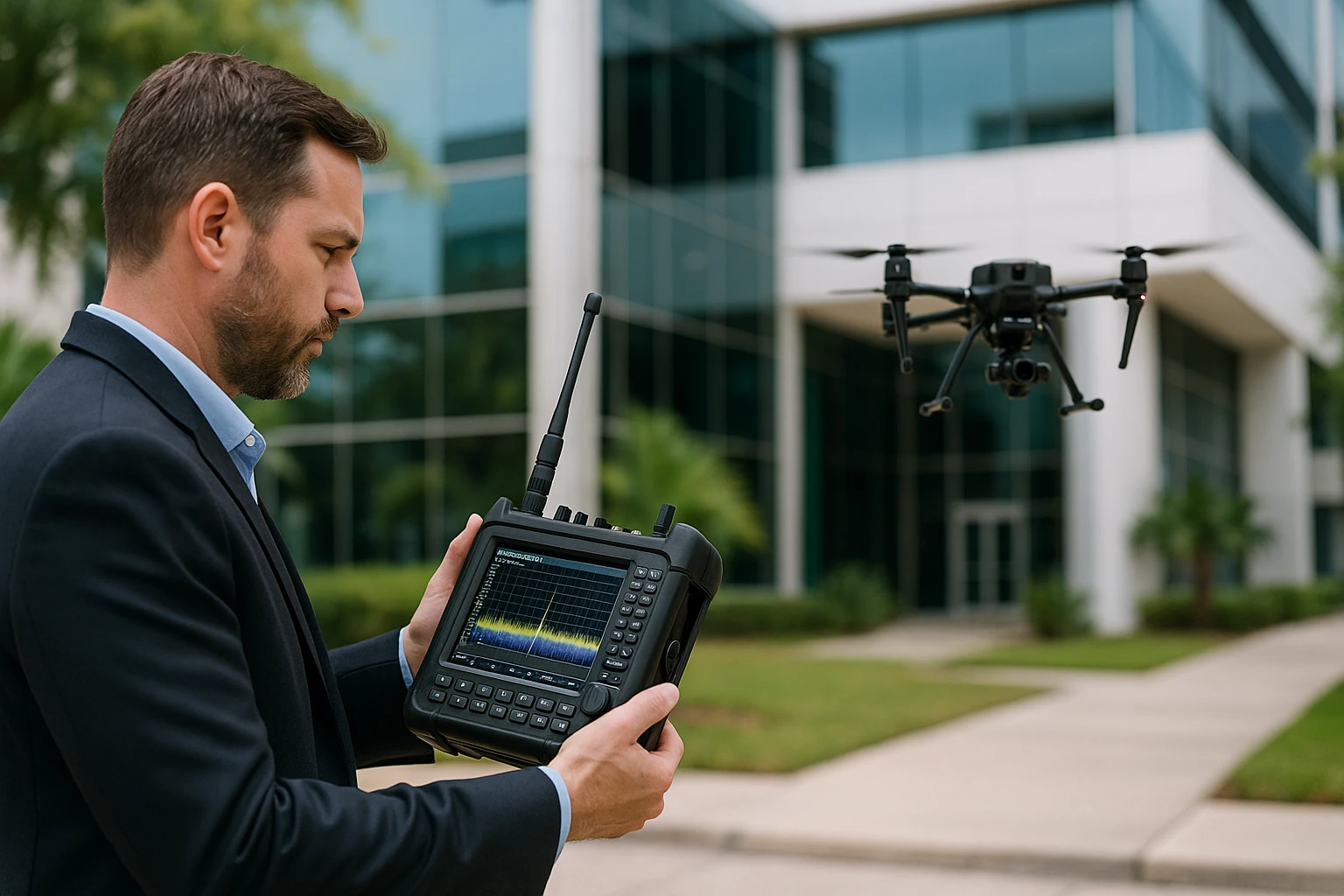 An outdoor setting in Orlando with a TSCM expert using a portable spectrum analyzer near a modern building; nearby, a drone equipped with surveillance detection tools hovers, demonstrating advanced methods in electronic eavesdropping prevention.