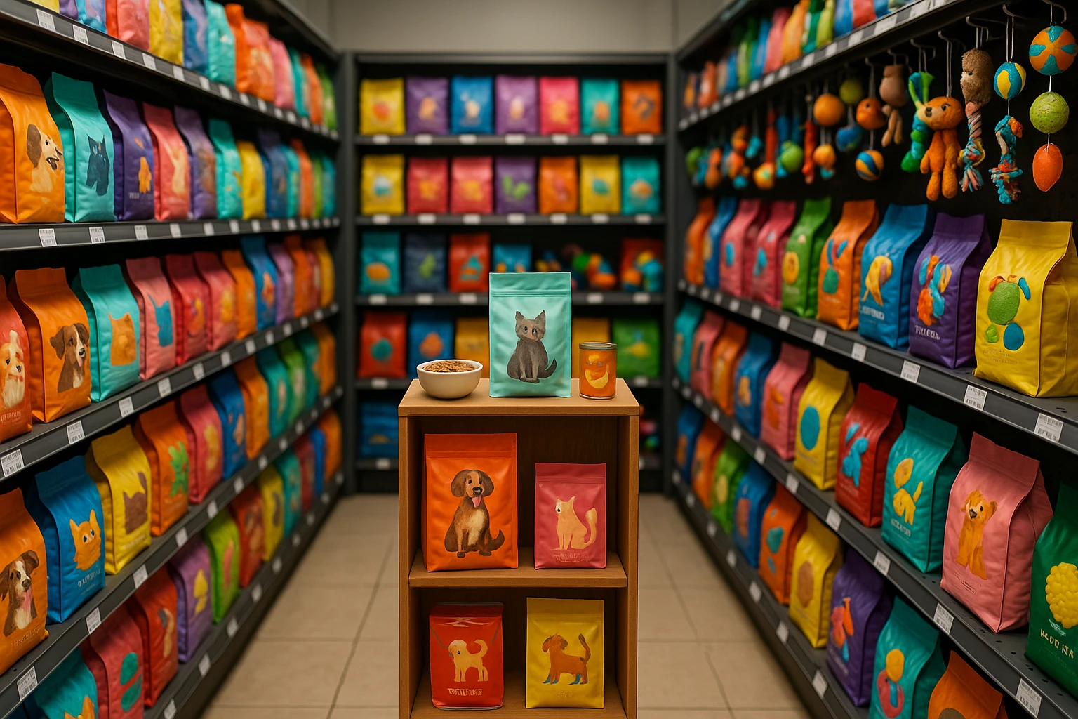 A vibrant pet store aisle filled with colorful pet food bags and toys, including a small display stand featuring sample products from emerging brands.