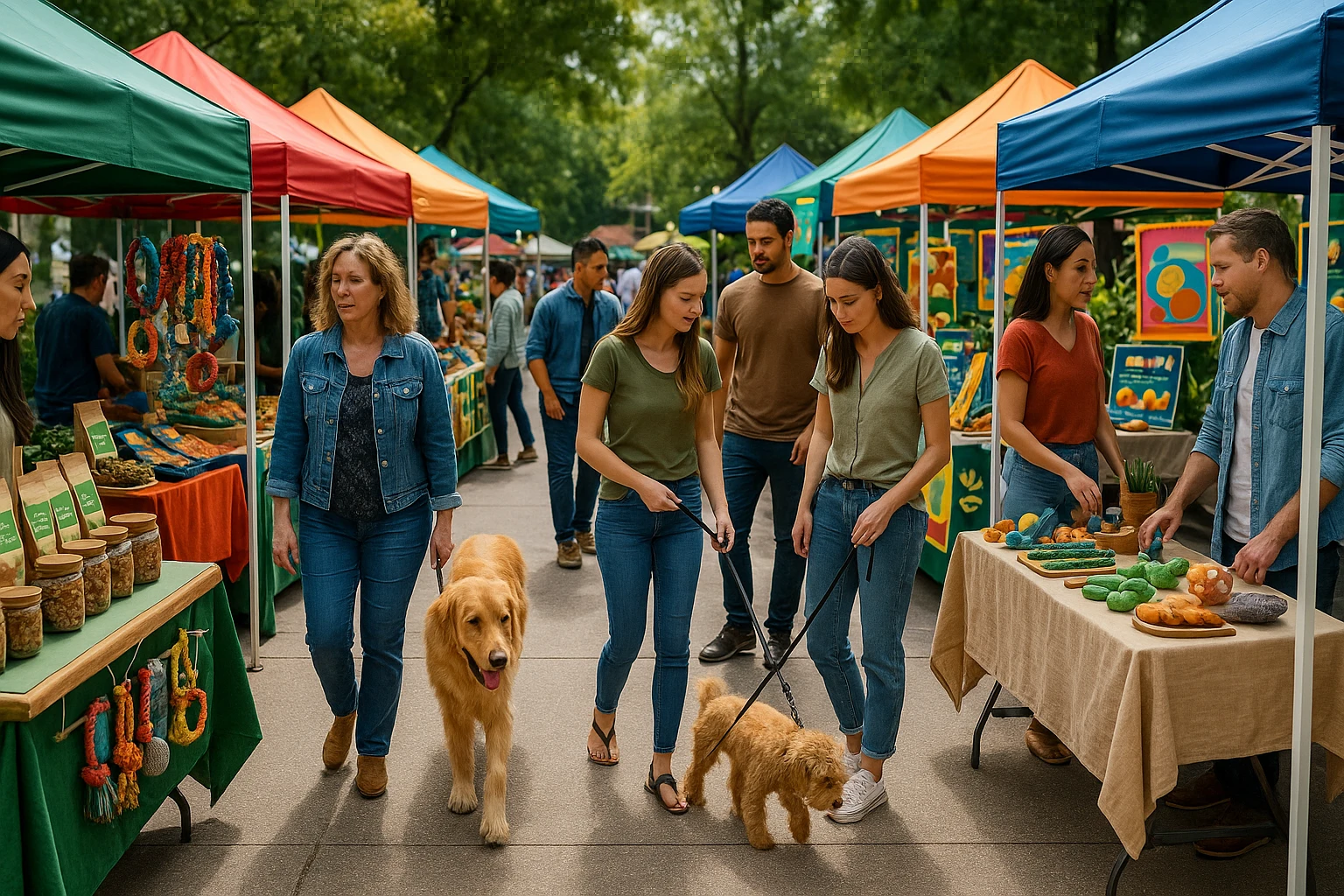 A bustling outdoor pet market, featuring a variety of stalls with colorful canopies. Vendors display an array of organic pet foods, unique pet toys, and handmade pet accessories. Shoppers stroll with their pets, examining eco-friendly products and vibrant display signage highlighting various niche brands.