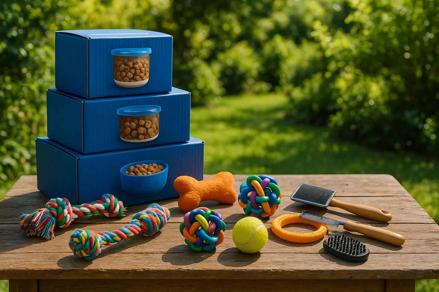 A sunny garden setting showcasing a variety of pet essentials arranged on a rustic wooden table, including stacks of Chewy-branded pet food boxes, assorted colorful pet toys, and a small display of pet grooming tools against a backdrop of lush greenery.