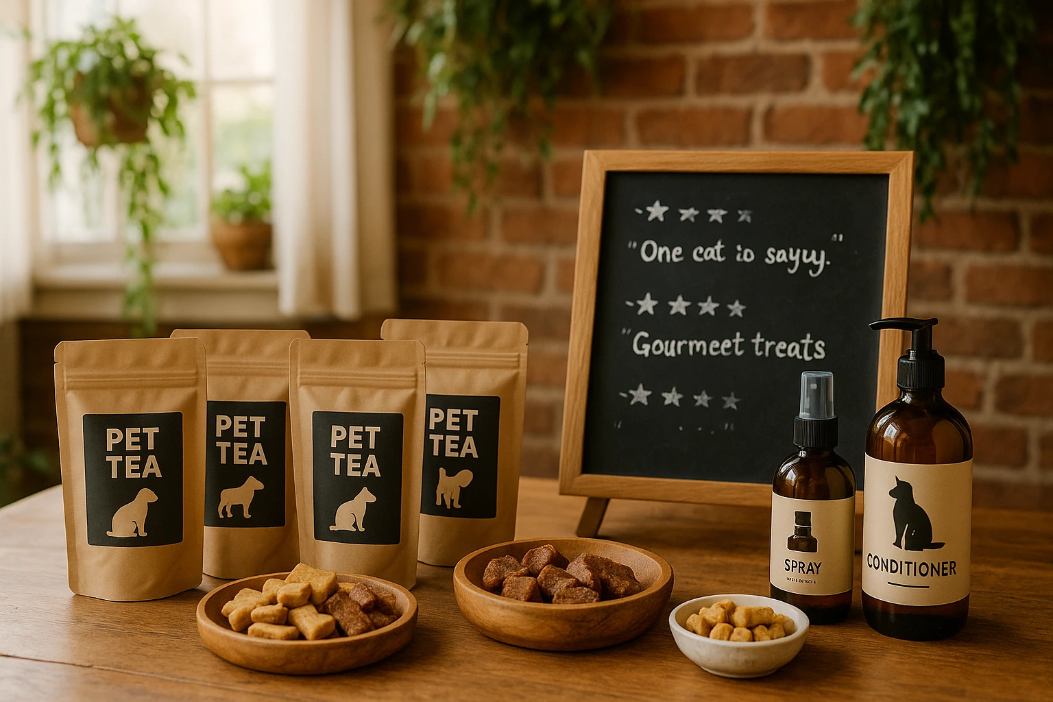 A homey kitchen scene with a wooden table displaying an assortment of premium pet teas, gourmet treat samples, and eco-friendly pet grooming products, accompanied by a small chalkboard sign with handwritten reviews from satisfied customers, framed by a backdrop of hanging plants and rustic brick walls.