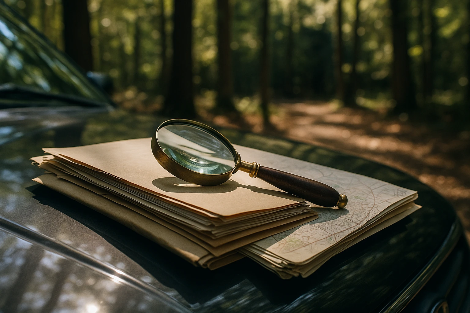 A discreet detective's magnifying glass rests atop a stack of case files and maps on the hood of a parked car in a wooded area outside Hendersonville, North Carolina, under the dappled sunlight filtering through the trees.