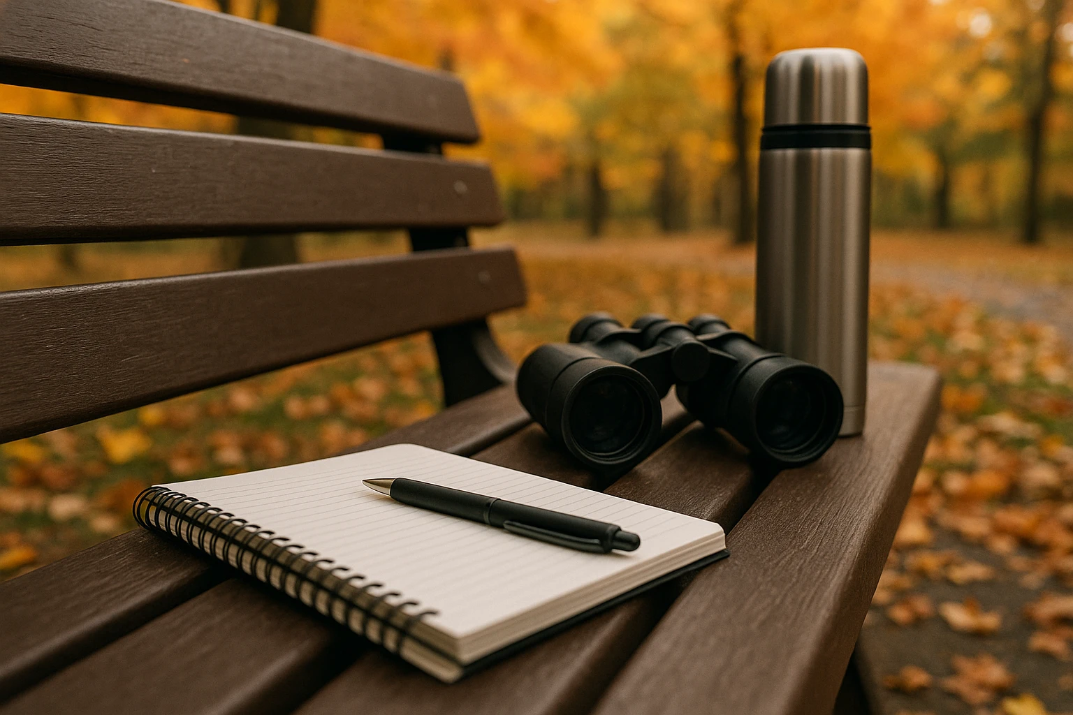 A close-up of a notepad and pen resting on a park bench in Hendersonville, North Carolina, with a pair of binoculars and a thermos beside them, capturing the quiet and observant nature of surveillance work amidst a backdrop of vibrant autumn foliage.