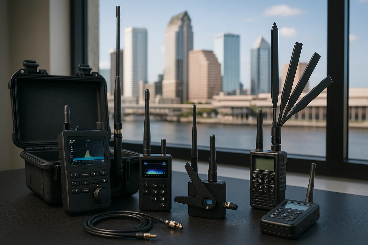 A close-up of a specialized TSCM equipment kit laid out on a table, featuring electronic detection devices, frequency scanners, and RF analyzers, set against the backdrop of the Tampa skyline visible through a large window.
