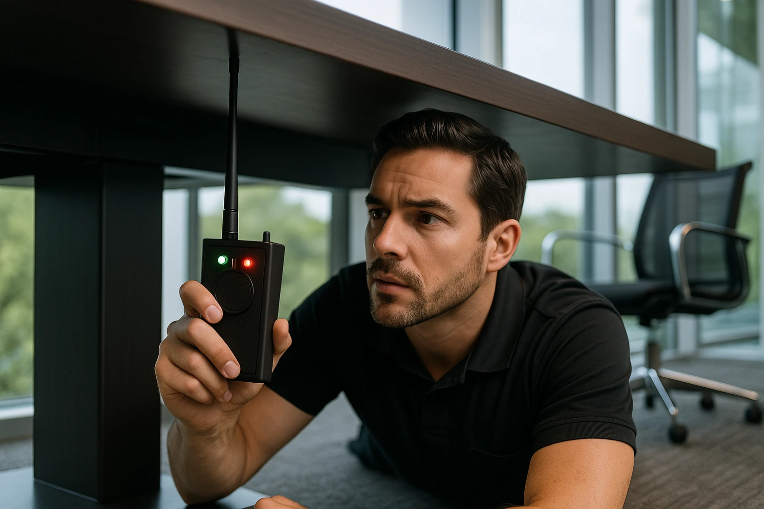 A technician is examining the underside of a conference room table using a handheld TSCM device with flashing indicators, set in a sleek, modern office building with large windows overlooking lush Tampa greenery.