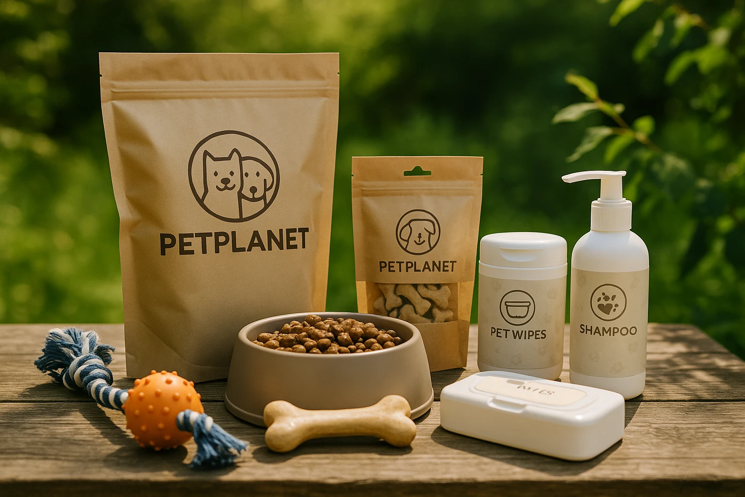 A selection of pet care products with PetPlanet.co.uk packaging displayed on a rustic outdoor table, surrounded by lush greenery and a gentle breeze ruffling a nearby pet toy.