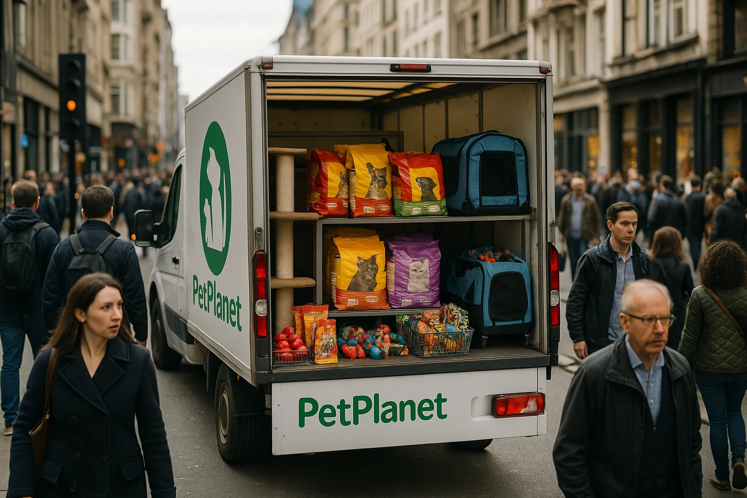 A bustling city street scene featuring a PetPlanet.co.uk delivery truck prominently displaying the brand's logo, surrounded by busy pedestrians and a variety of colorful pet products visible through the truck's open back doors.