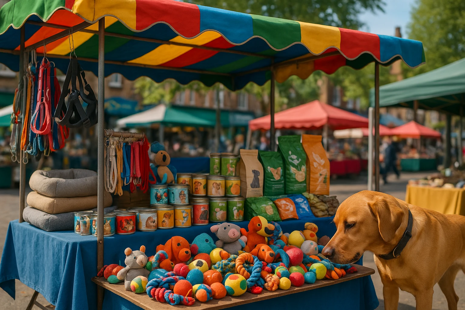 A vibrant outdoor market scene with a colorful PetPlanet.co.uk stall showcasing a variety of pet accessories, toys, and food under a festive canopy, with a happy dog sniffing at a pile of toys nearby.
