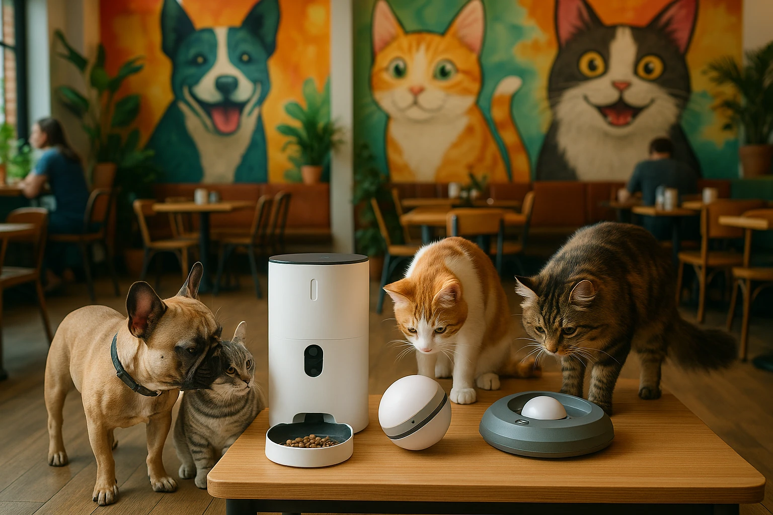 A vibrant indoor pet-friendly café setting, with colorful murals depicting happy pets on the walls, featuring a corner where PetPlanet.co.uk smart pet feeders and interactive toys are on display, surrounded by curious cats and a small dog eagerly investigating the gadgets.