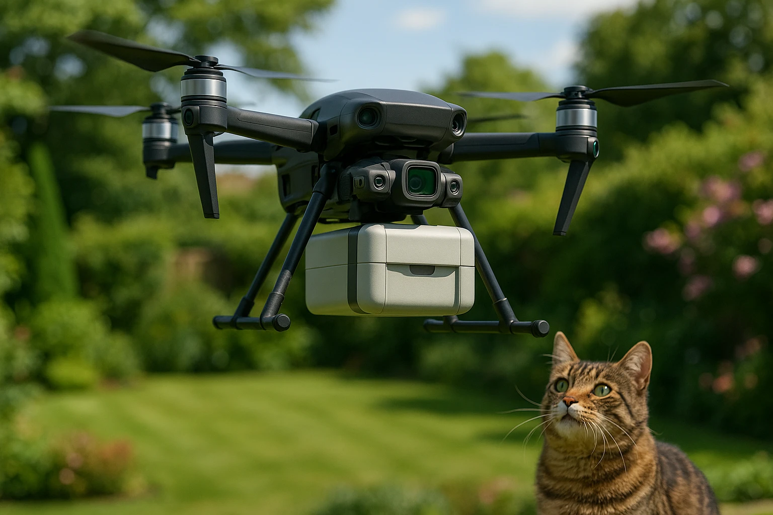 A detailed close-up of a PetPlanet.co.uk delivery drone, equipped with advanced sensors and a small package compartment, flying over a lush suburban garden, with a playful cat watching from below.