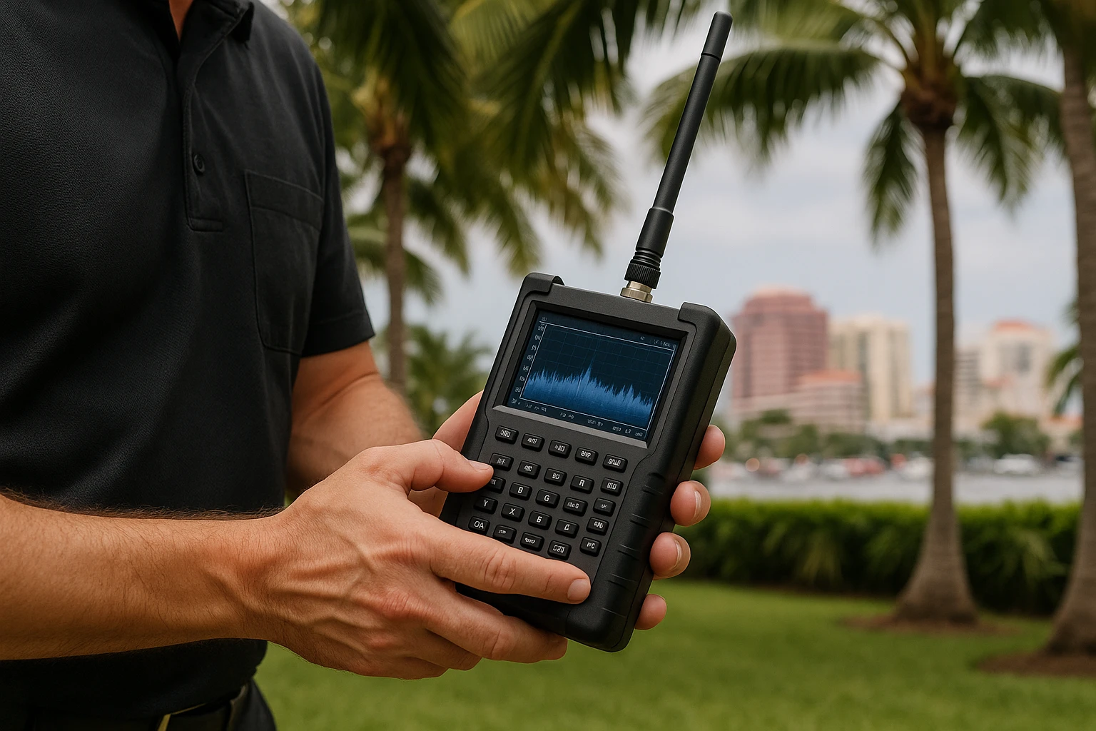 A close-up of a TSCM technician's hands using a handheld frequency scanner amidst lush palm trees in a garden, capturing ambient city noise in the background indicative of West Palm Beach’s vibrant setting.