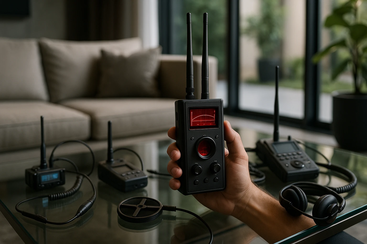 A sophisticated bug detection device actively sweeping through a luxurious, modern living room in Wellington, Florida, with advanced surveillance tools and electronic countermeasure equipment laid out on a sleek glass coffee table.