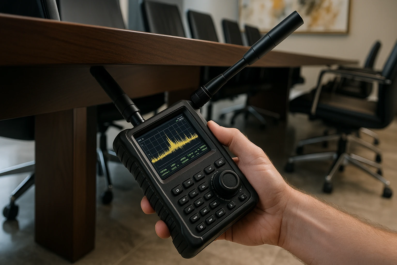A close-up of a professional handheld TSCM device scanning the underside of a sleek wooden conference table in a high-end corporate boardroom in Wellington, Florida, with polished marble floors and a wall adorned with abstract art.