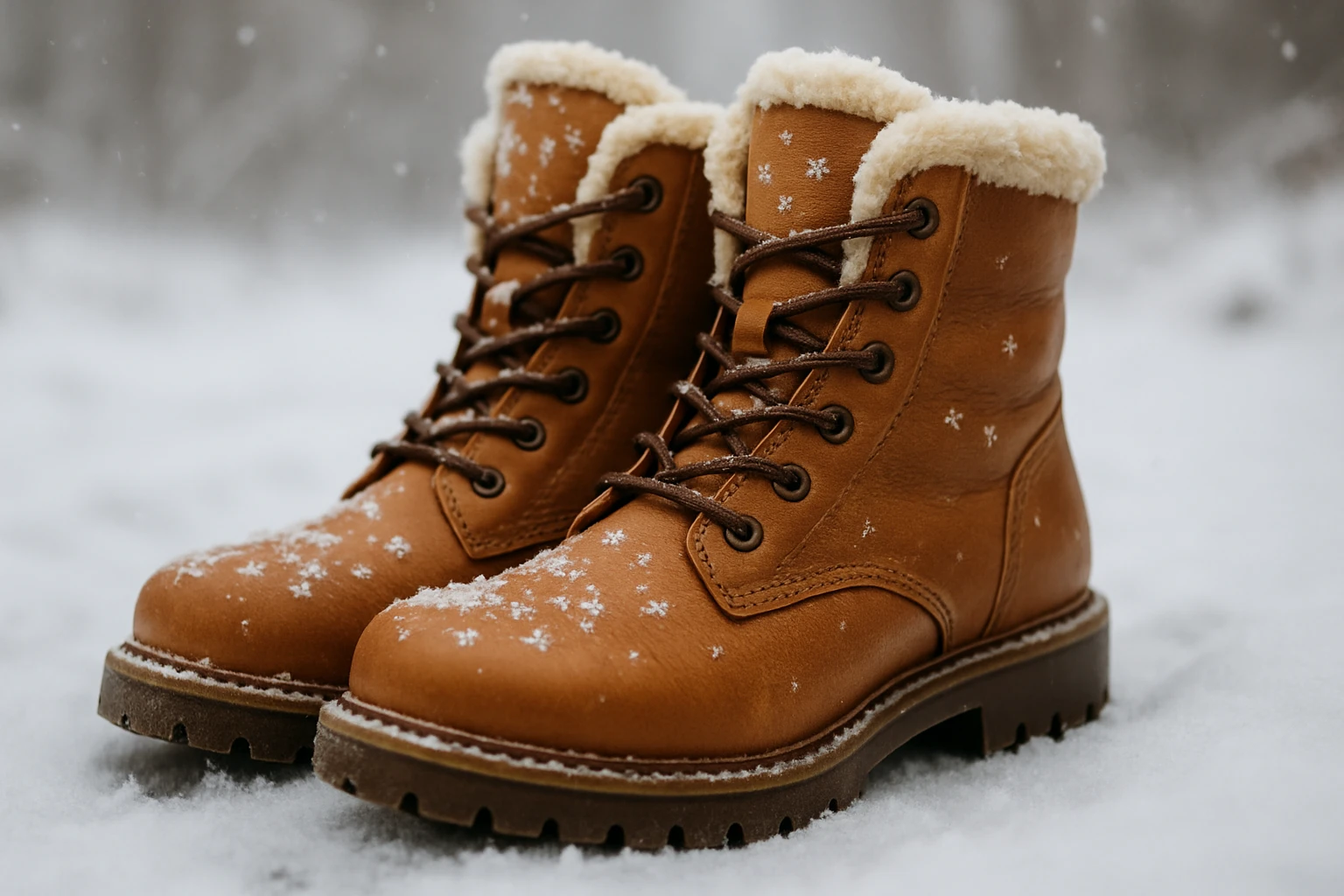 A close-up shot of a stylish pair of tan leather winter boots with fur lining, standing on a snow-covered pathway, with delicate snowflakes gently resting on the surface, capturing the essence of winter fashion amidst a serene, frosty landscape.