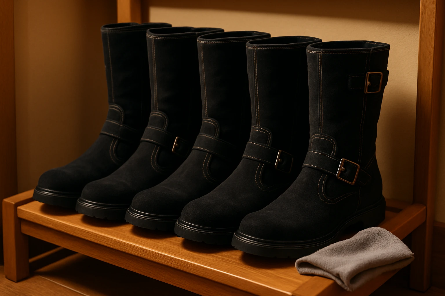 A row of elegant black suede winter boots with intricate stitching and glossy buckles, standing on a wooden shoe rack inside a warmly lit entryway, with a soft microfiber cloth resting nearby for cleaning and maintenance.