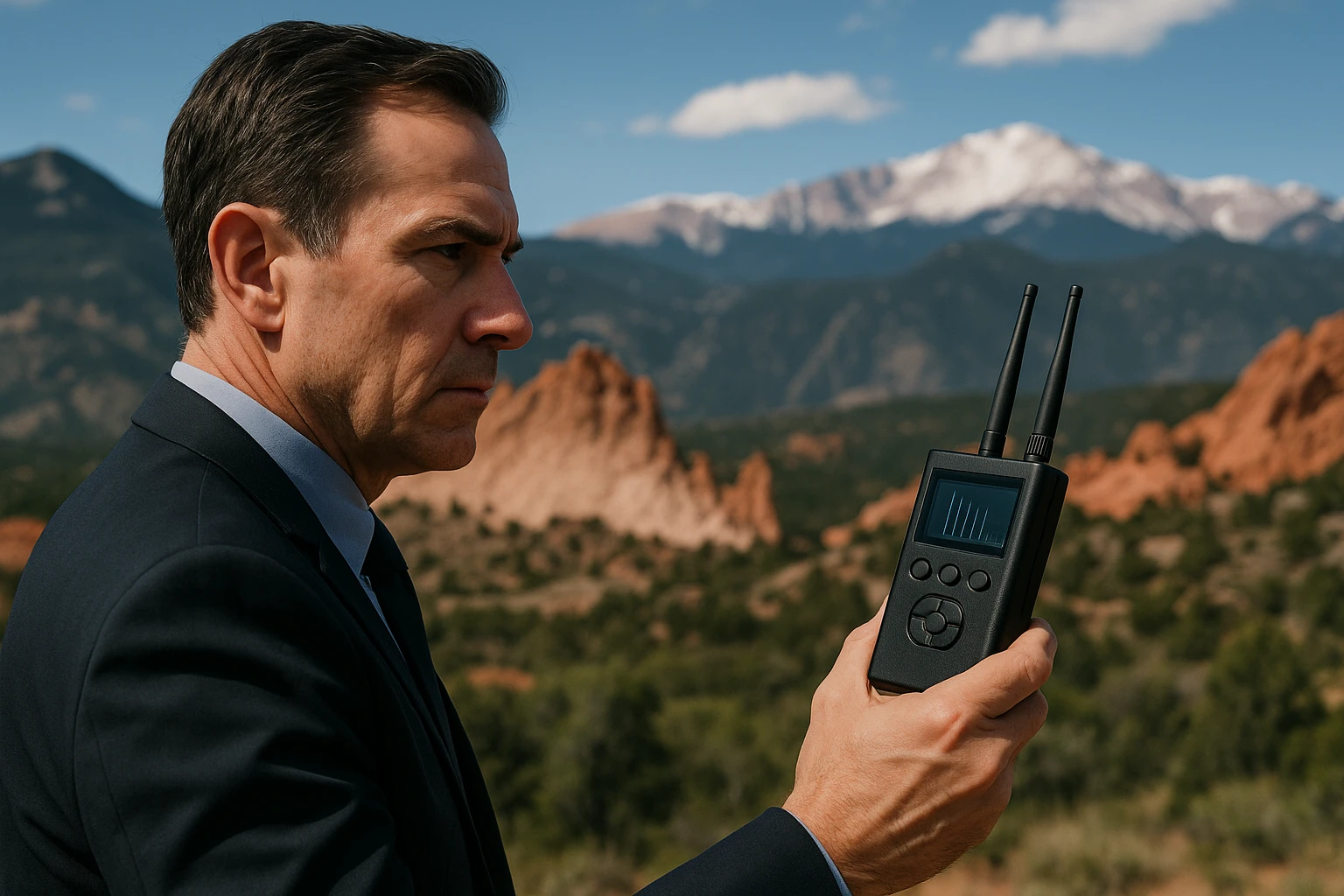 A professional investigator holds a compact handheld frequency scanner against the backdrop of Colorado Springs' mountain range, identifying potential hidden surveillance devices amidst scenic nature.