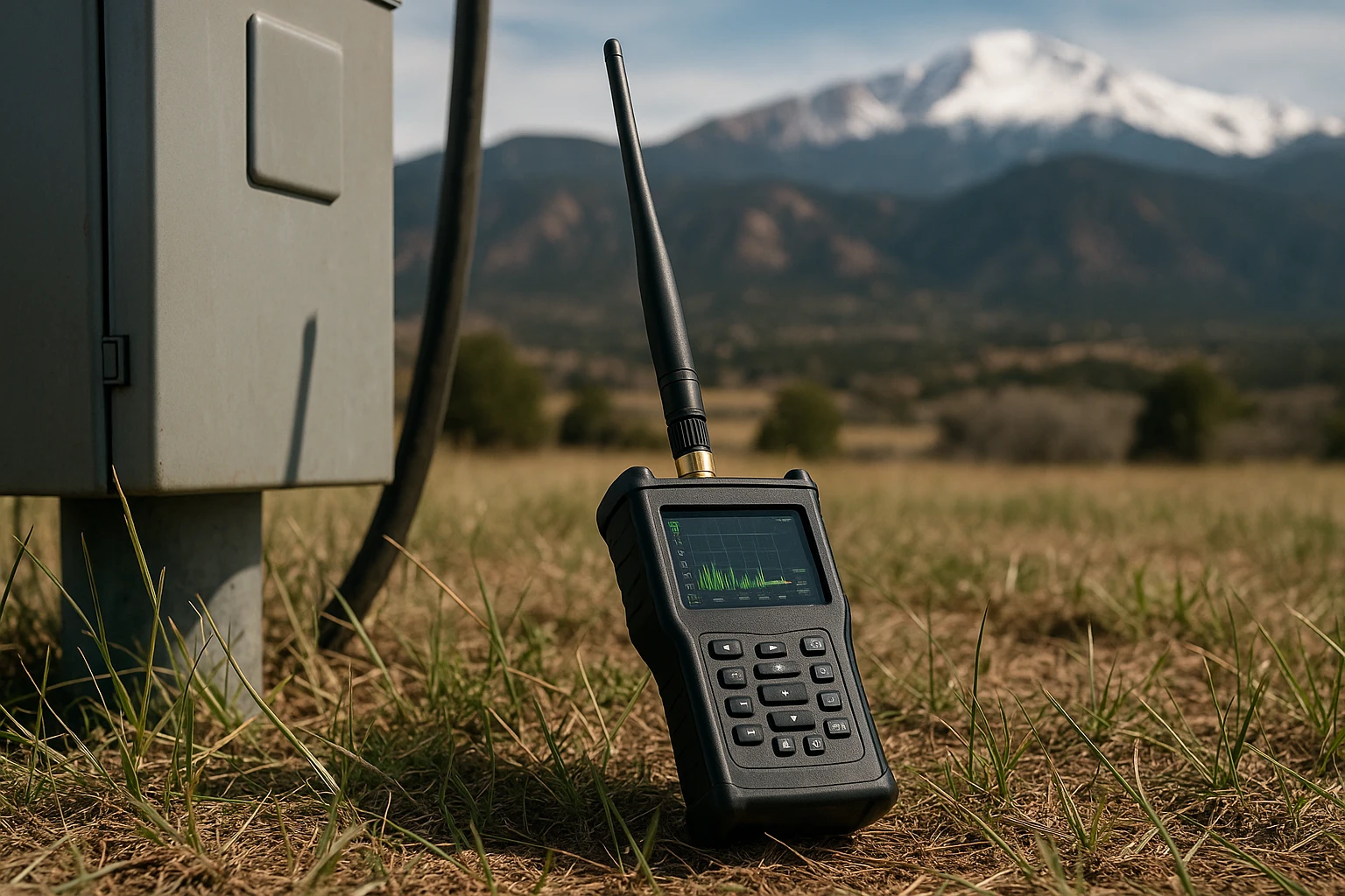 A close-up of a specialized handheld frequency detector lying on the grass next to an outdoor electrical box, with Pike’s Peak visible in the background, highlighting the integration of TSCM tools in the natural landscape of Colorado Springs.