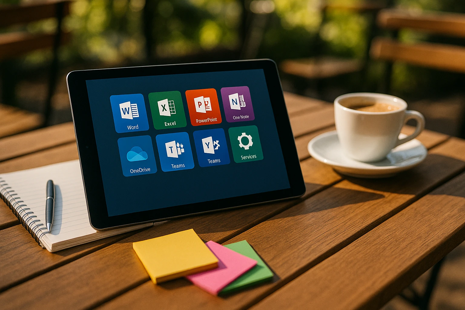 Office 365 optimal nutzen für KMU: Ein umfassender Leitfaden 1 A close-up of a tablet lying on a wooden table with the Office 365 interface displayed, surrounded by a notepad, colorful sticky notes, a cup of coffee, and a pen, set against a sunny outdoor café backdrop.