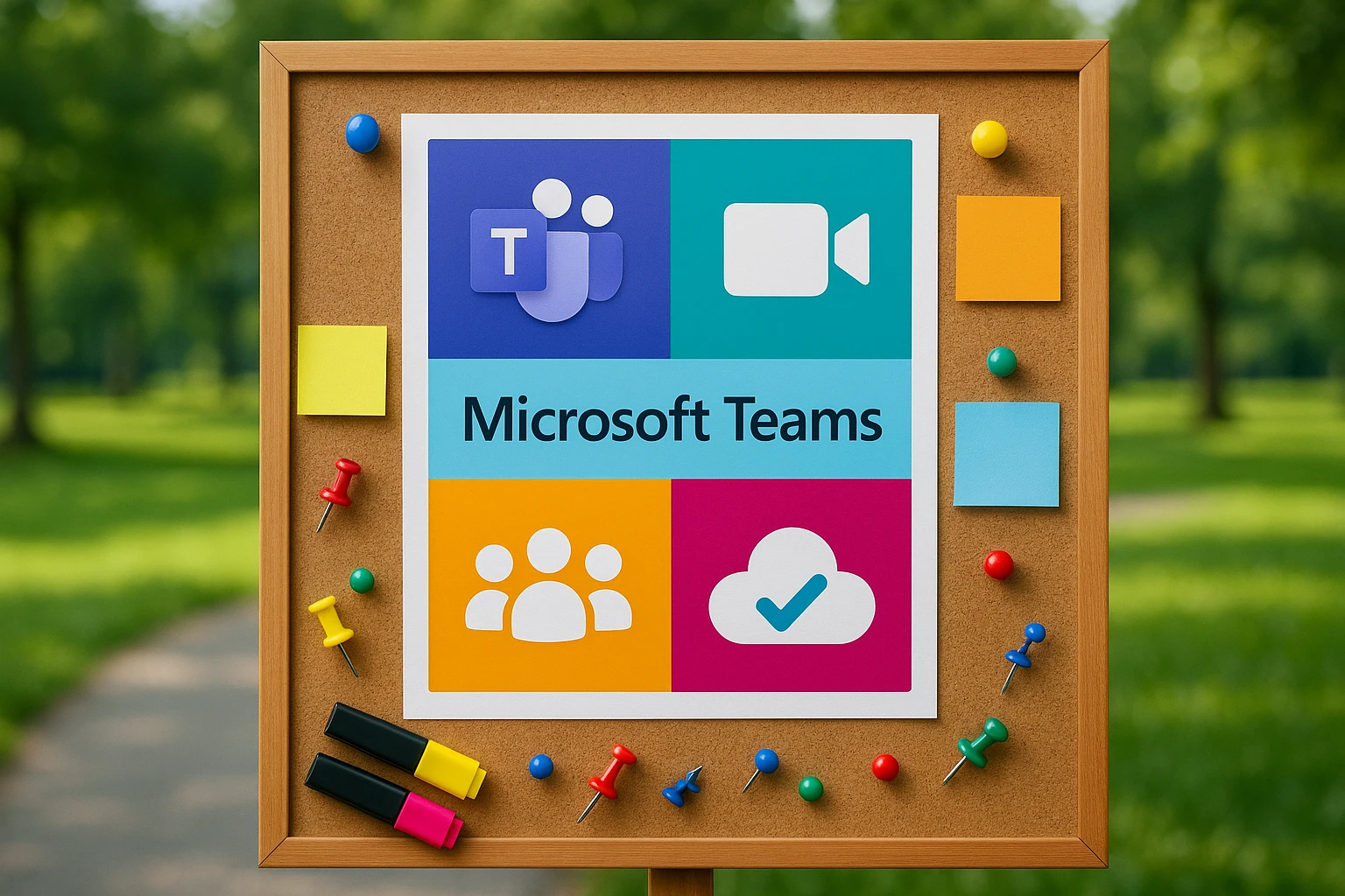 Office 365 optimal nutzen für KMU: Ein umfassender Leitfaden 2 A colorful infographic poster of Microsoft Teams features prominently against a bulletin board. It is surrounded by sticky notes and small office tools like push pins and highlighters, set in an open-air park with greenery in the background.