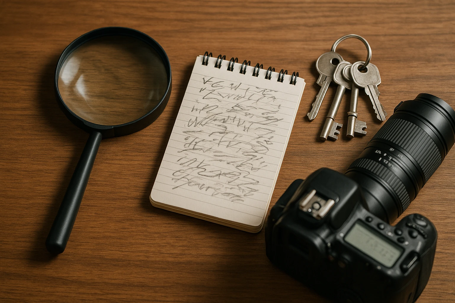 A private investigator's toolkit laid out on a wooden table, featuring a magnifying glass, notepad with scribbled notes, an assortment of keys, and a camera with a zoom lens, capturing the essence of fieldwork.