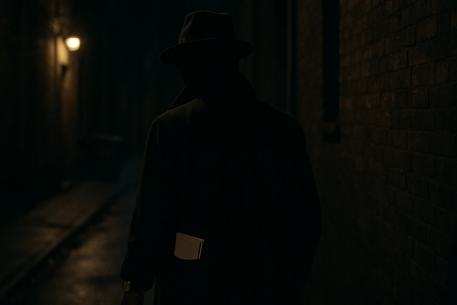 A private investigator's shadowy silhouette walking down a dimly lit alley, with a notepad peeking out of their coat pocket and a vintage wristwatch on their wrist, suggesting vigilance and secrecy.
