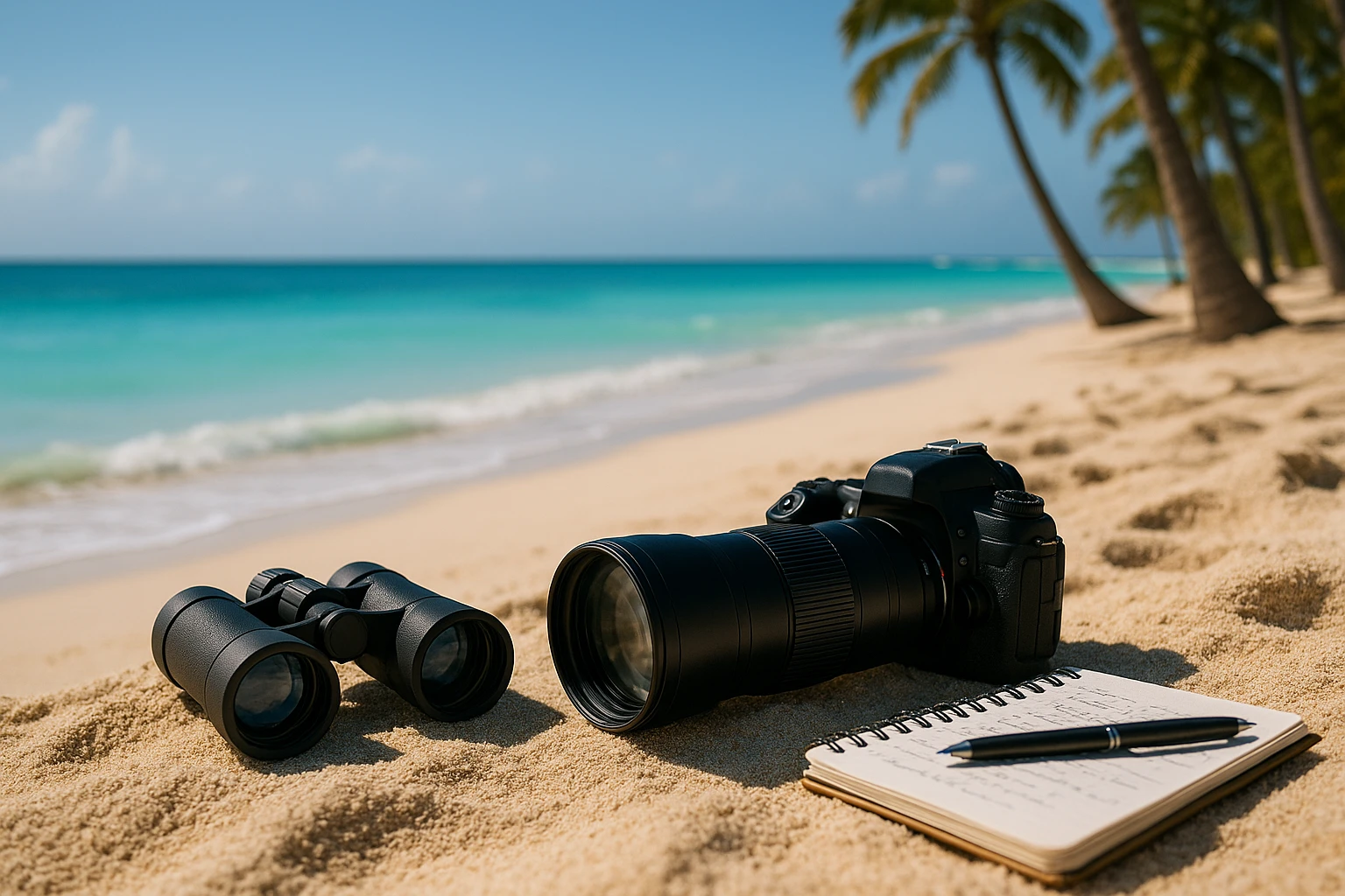 A private investigator's toolkit spread out on a sandy beach in Cancun, surrounded by palm trees: binoculars, a camera with a telephoto lens, and a notepad with scribbled notes, against the backdrop of turquoise waves.