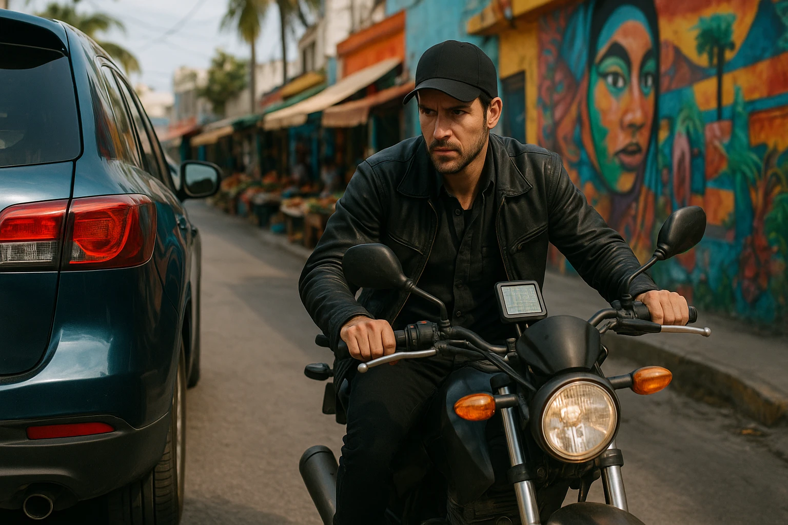 A private investigator discreetly following a targeted vehicle through the winding streets of Cancun, using a motorbike equipped with a small GPS device, with colorful street murals and lively market stalls in the background.