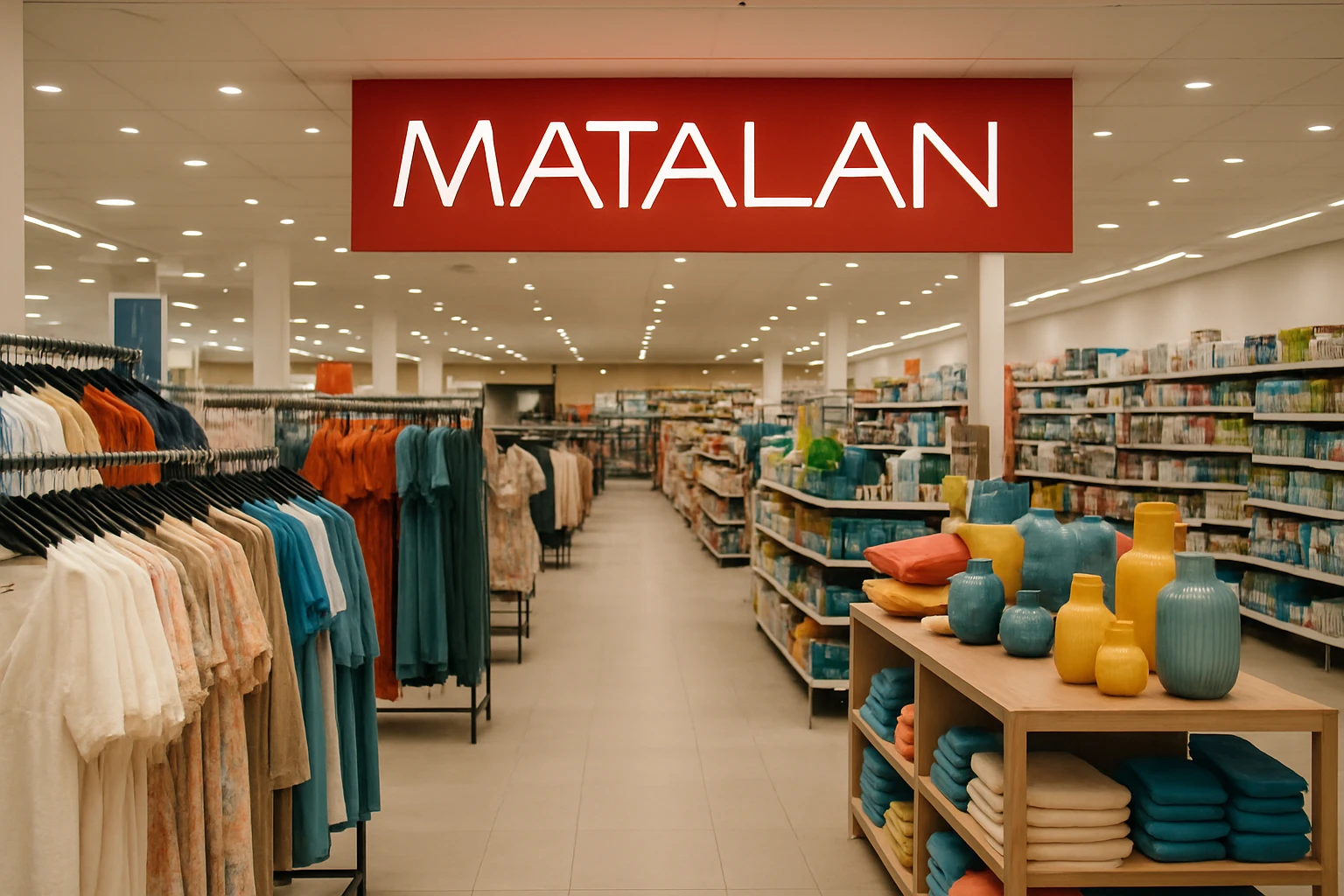 A bustling retail store interior showcasing neatly arranged clothing racks, vibrant homeware displays, and well-stocked shelves of everyday essentials, with a large Matalan logo prominently displayed above the entrance.