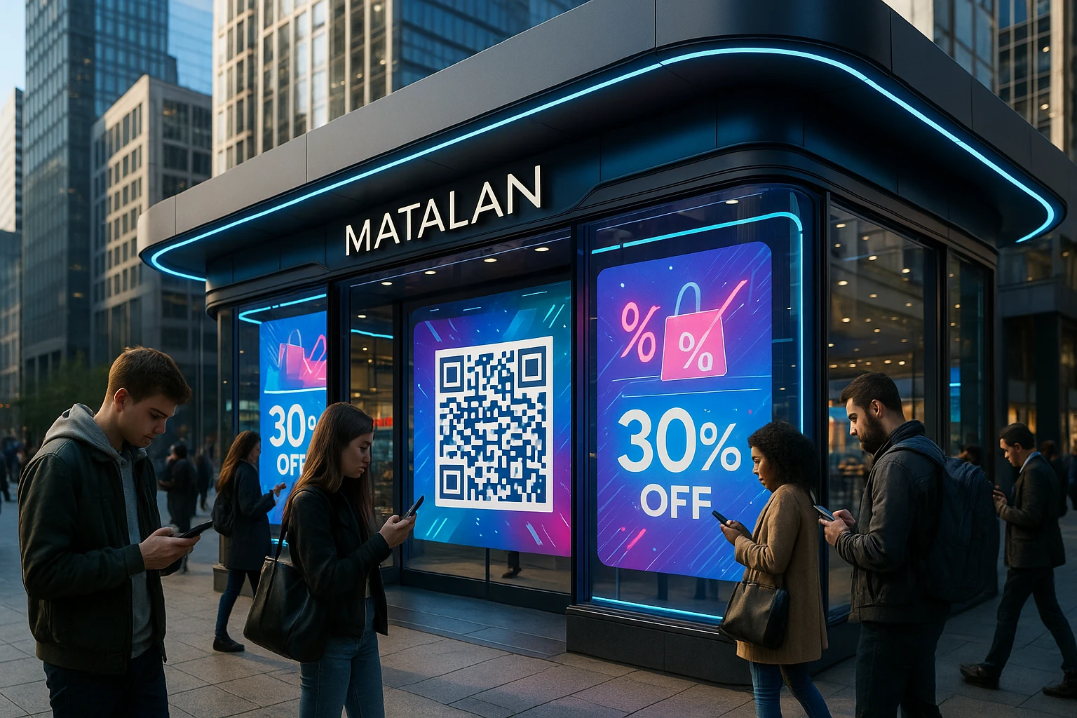 A futuristic Matalan storefront with interactive digital signage displaying promotions, surrounded by shoppers using their smartphones to scan QR codes for offers, set in a vibrant urban landscape.