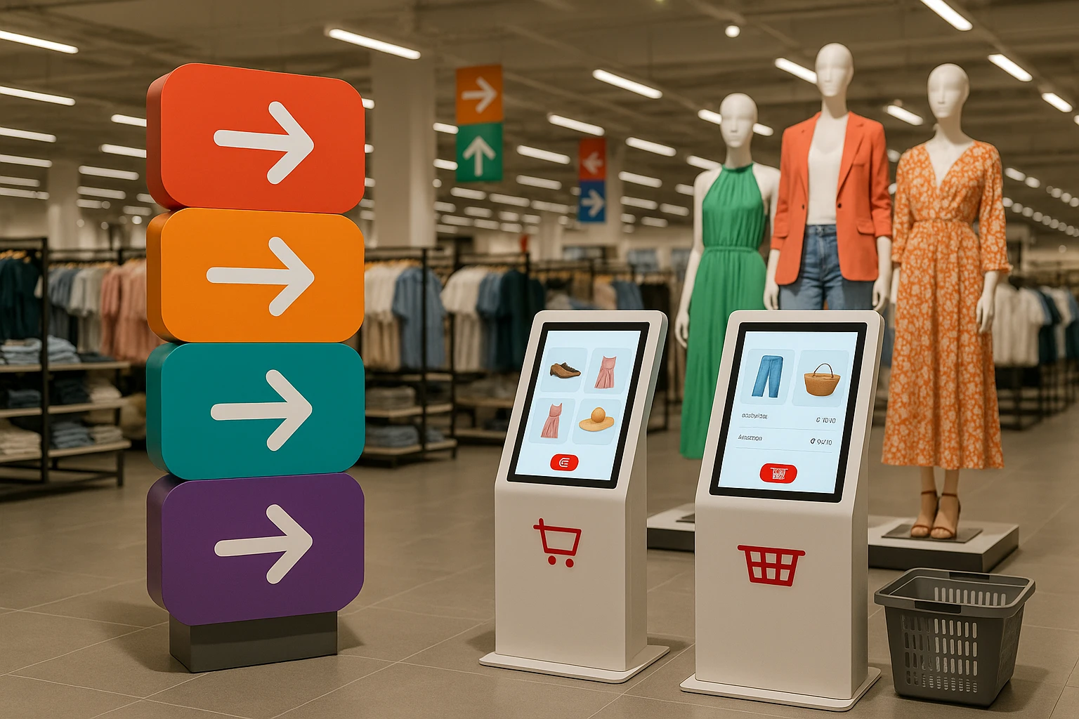 A display inside a Matalan store featuring colorful signage guiding shoppers through newly arranged aisles, with interactive kiosks offering product information and digital shopping baskets, set against a backdrop of stylish mannequins showcasing the latest fashion trends.