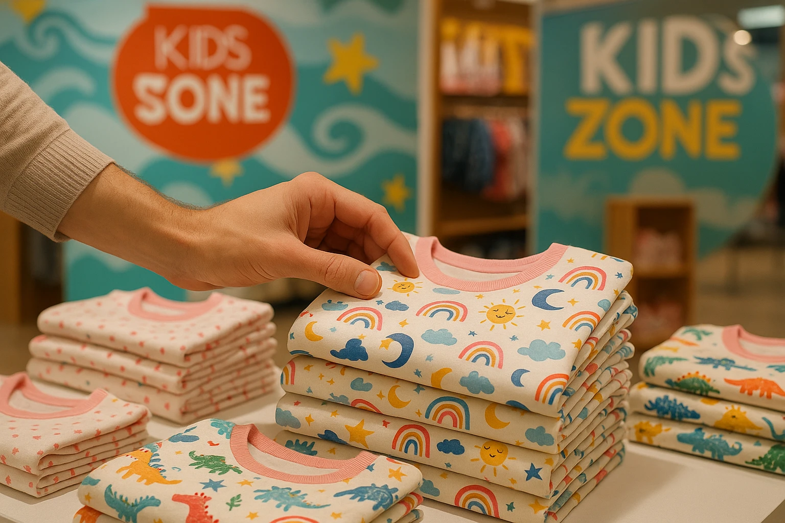 A close-up of a shopper's hand reaching for a neatly folded stack of patterned children's pajamas on a display table within the kids' zone of a Matalan store, surrounded by colorful signage and playful decor elements highlighting seasonal sales.