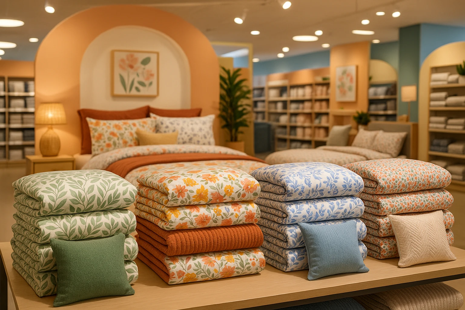 A vibrant display of neatly stacked patterned bedding sets in the homeware section of a Matalan store, surrounded by bright, inviting signage and decor that enhance the room-like setup, with tastefully coordinated cushions and throws adding a cozy, domestic touch.