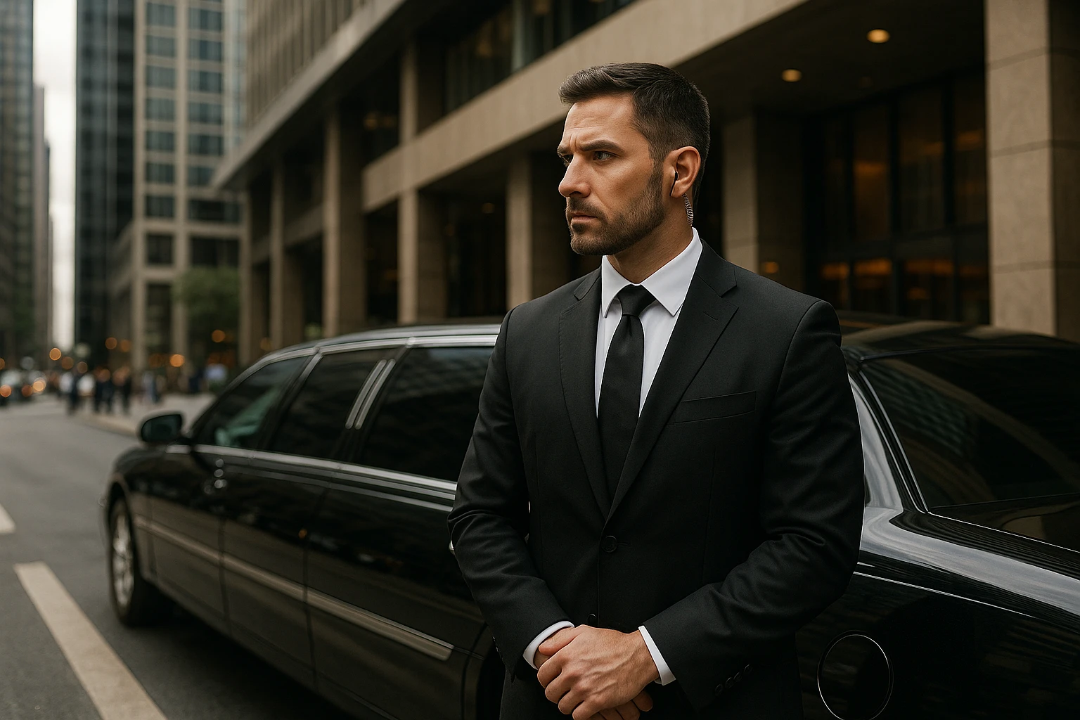 A well-dressed security agent standing discreetly beside a sleek black limousine parked outside a luxurious high-rise building, with a subtle earpiece and a focused expression, scanning the bustling city street.