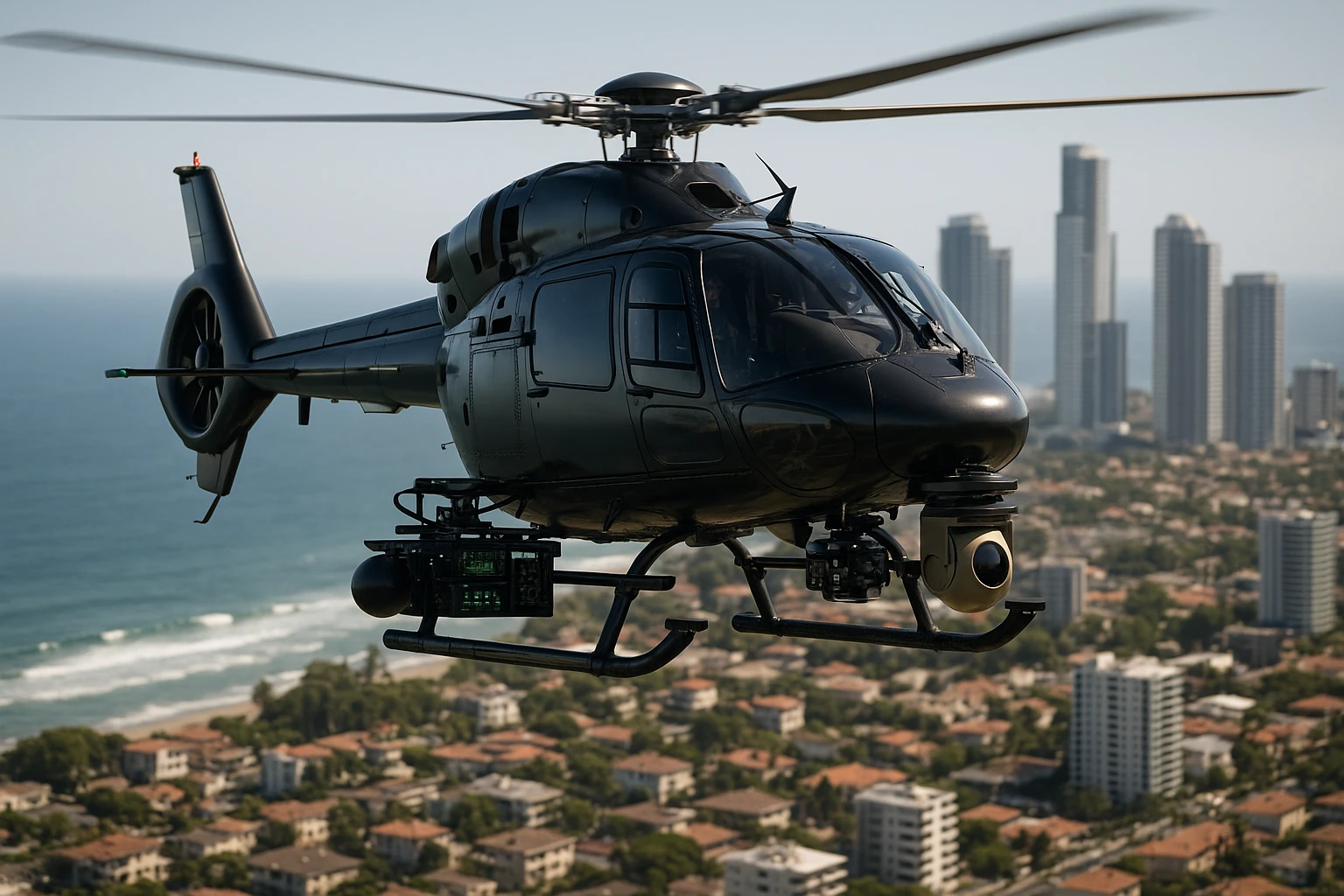 A helicopter equipped with advanced surveillance technology hovers above a coastal city, transmitting live data to security teams on the ground, with the ocean and skyscrapers visible in the background.