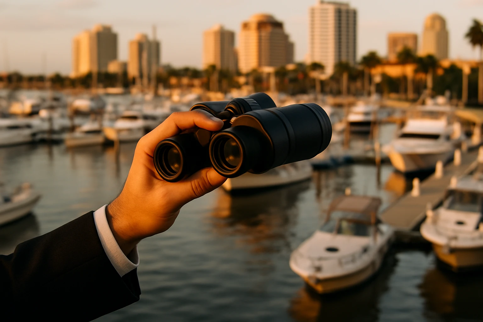 A private investigator's hand holding binoculars while observing a bustling marina in West Palm Beach, Florida, with boats docked under the warm evening light.