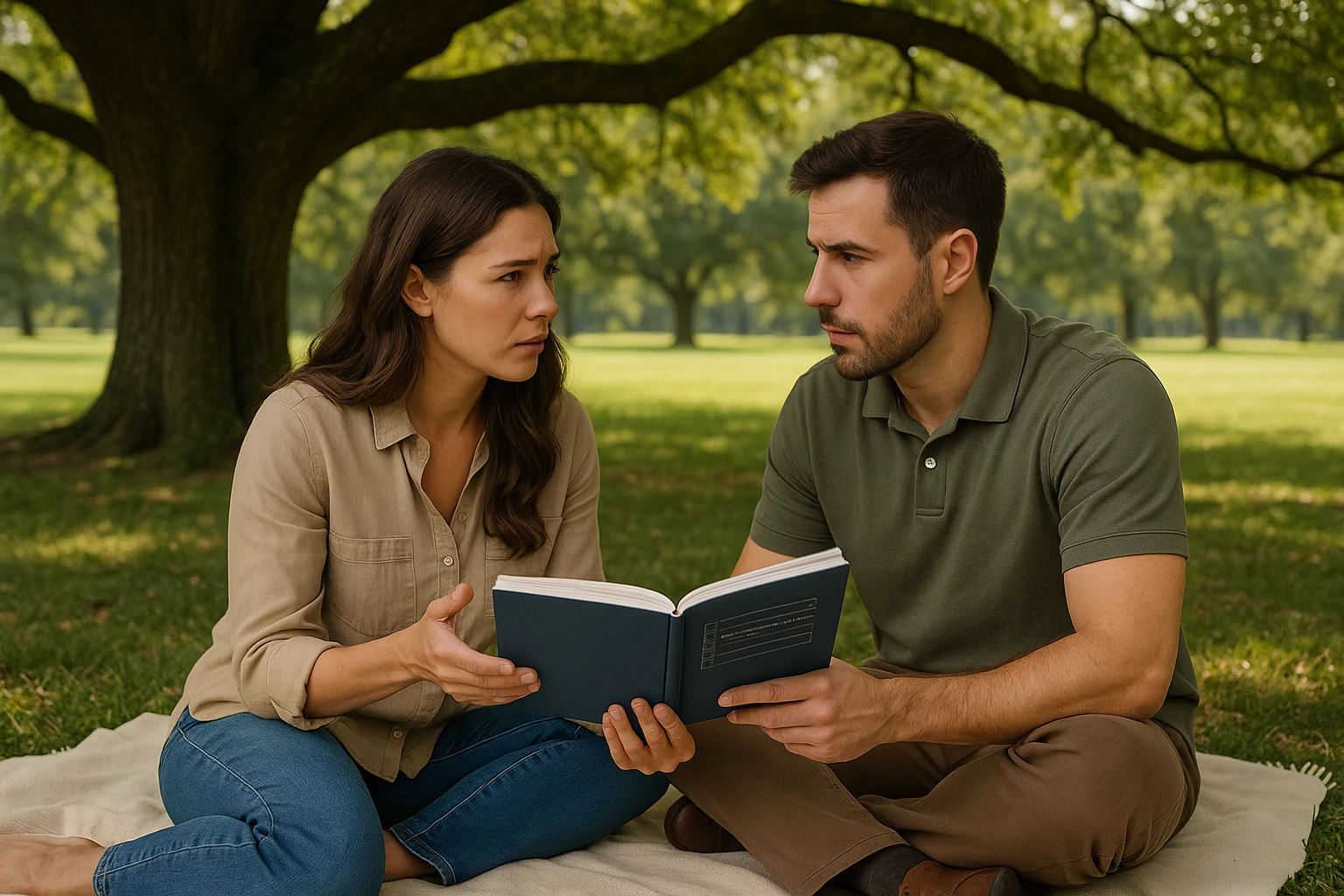 A serene park scene with a couple sitting on a blanket under a large, shady tree, holding a relationship counseling workbook between them as they engage in deep conversation.