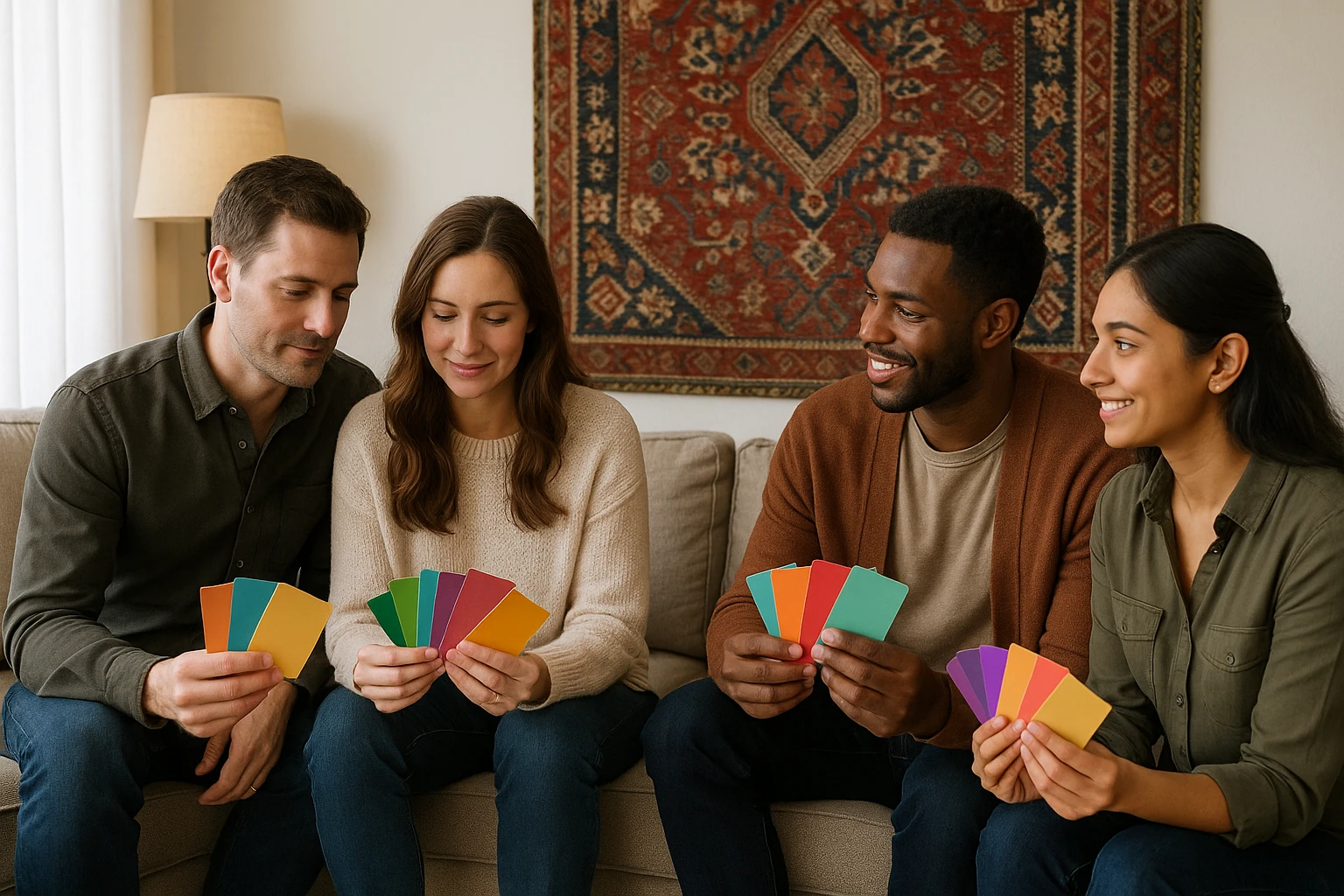 A cozy living room with a small group of couples sitting in a circle, each holding a colorful set of relationship counseling cards, with a local cultural tapestry hanging on the wall behind them.