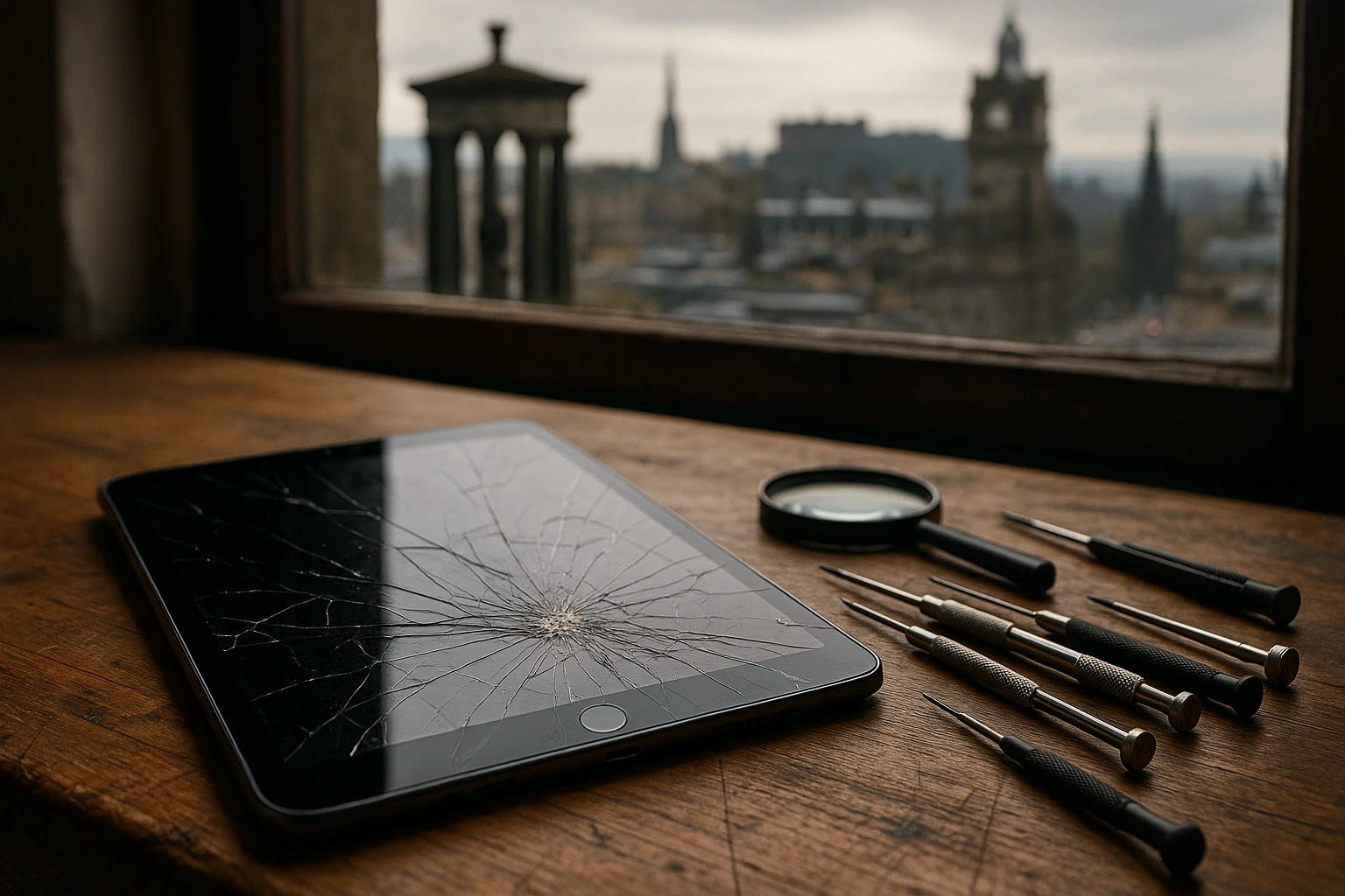 A close-up of an iPad with a cracked screen resting on a wooden workbench next to precision repair tools, including screwdrivers and a magnifying glass, against a backdrop of an Edinburgh cityscape seen through a window.