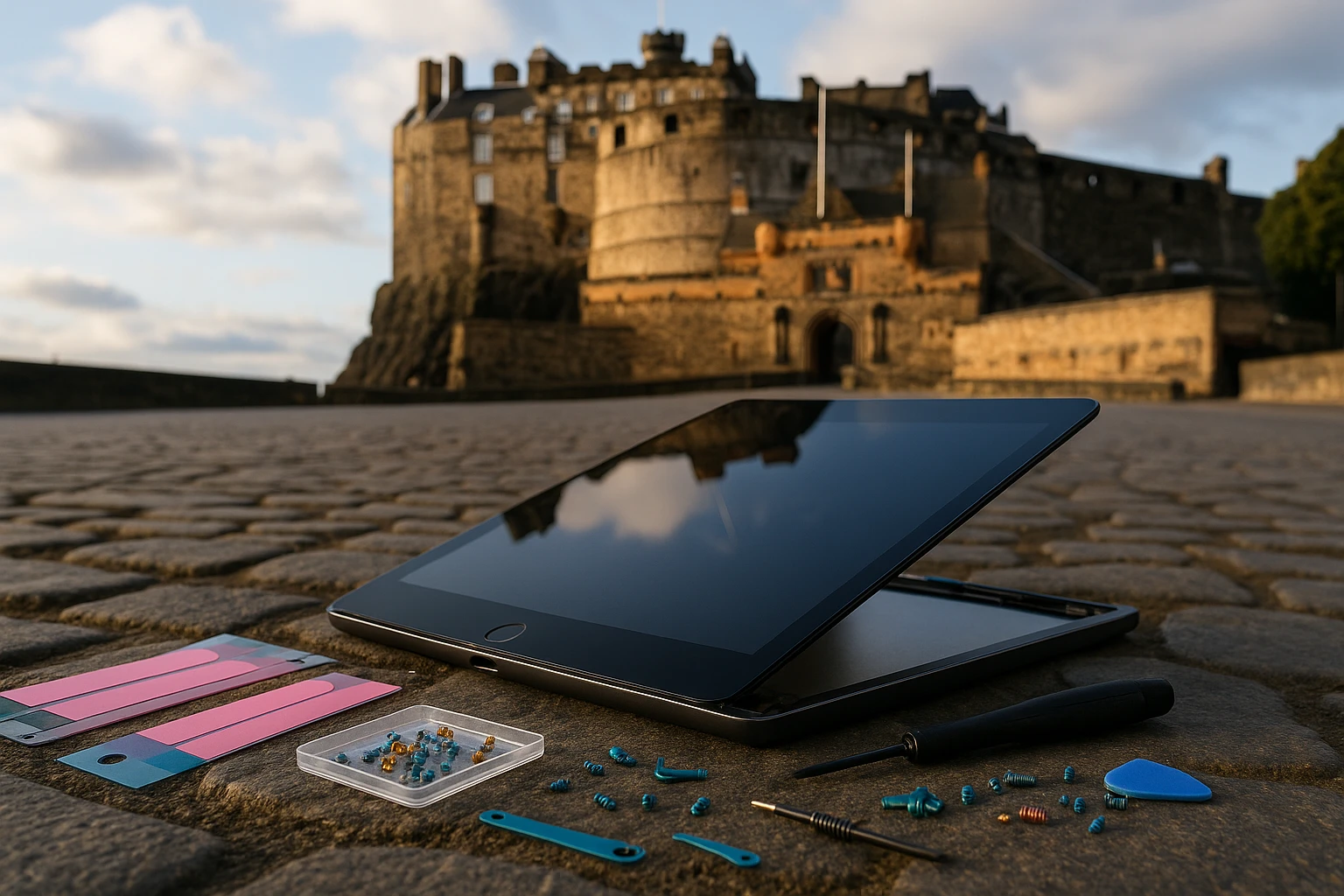 An iPad with a partially lifted screen next to a set of small colorful repair parts and tools, like screws and adhesive strips, lying on a stone pavement in front of the iconic Edinburgh Castle in the background.
