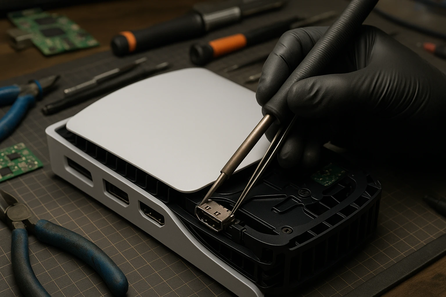 A close-up of a technician's hands using specialized tools to carefully extract the HDMI port from a PlayStation 5 console on a workbench cluttered with electronic components and repair tools.